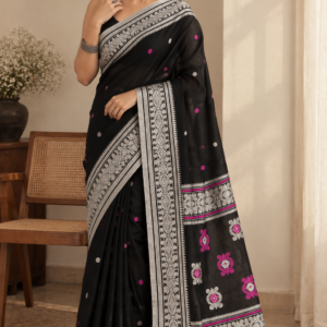 Ink & Bloom — Black Mul Cotton Saree with White Border & Magenta Butis
