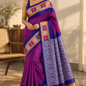 Purple Geometry — Purple Synthetic Saree with Blue Geometric Border