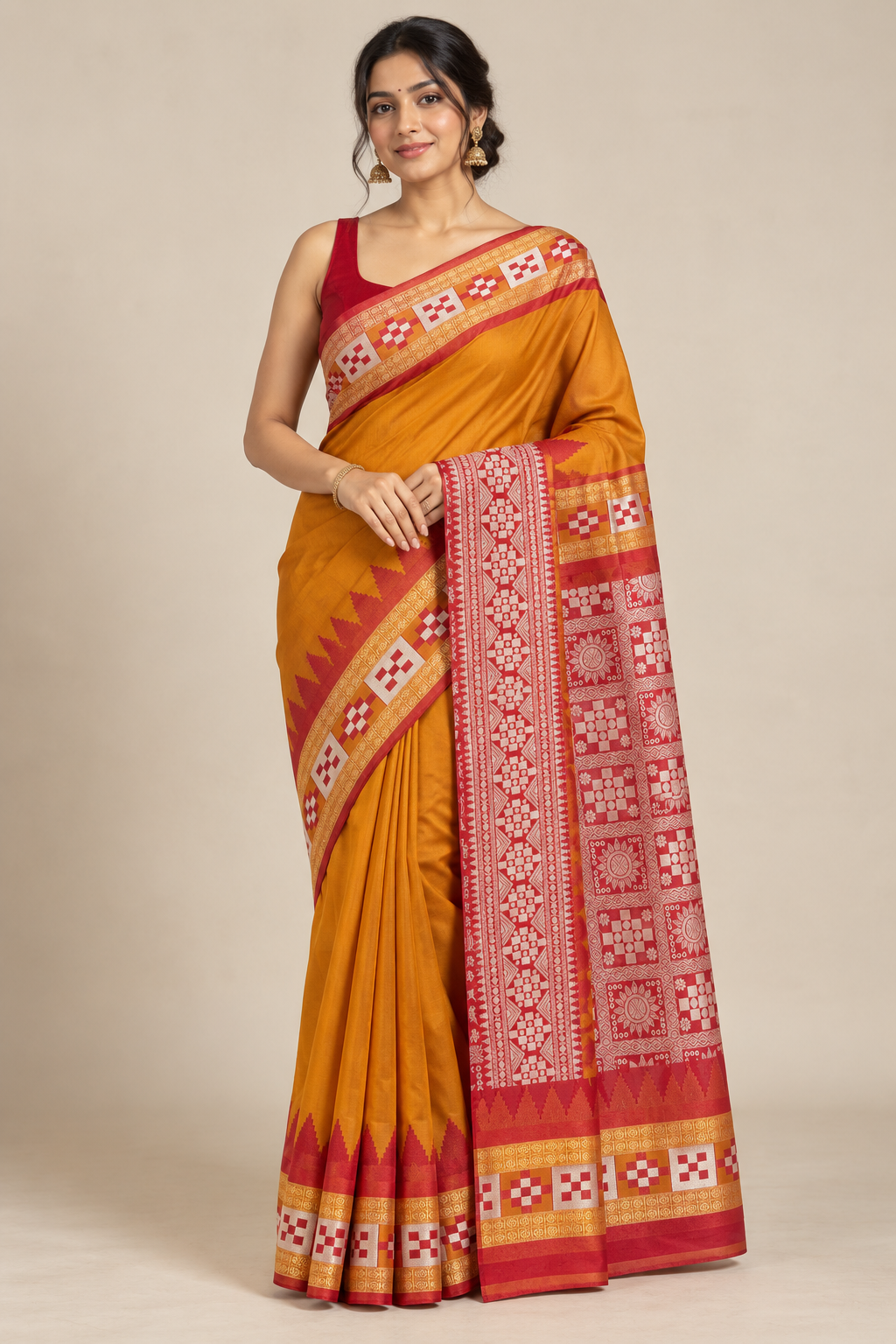 Marigold Geometry — Mustard Synthetic Saree with Red & Gold Border - Image 5