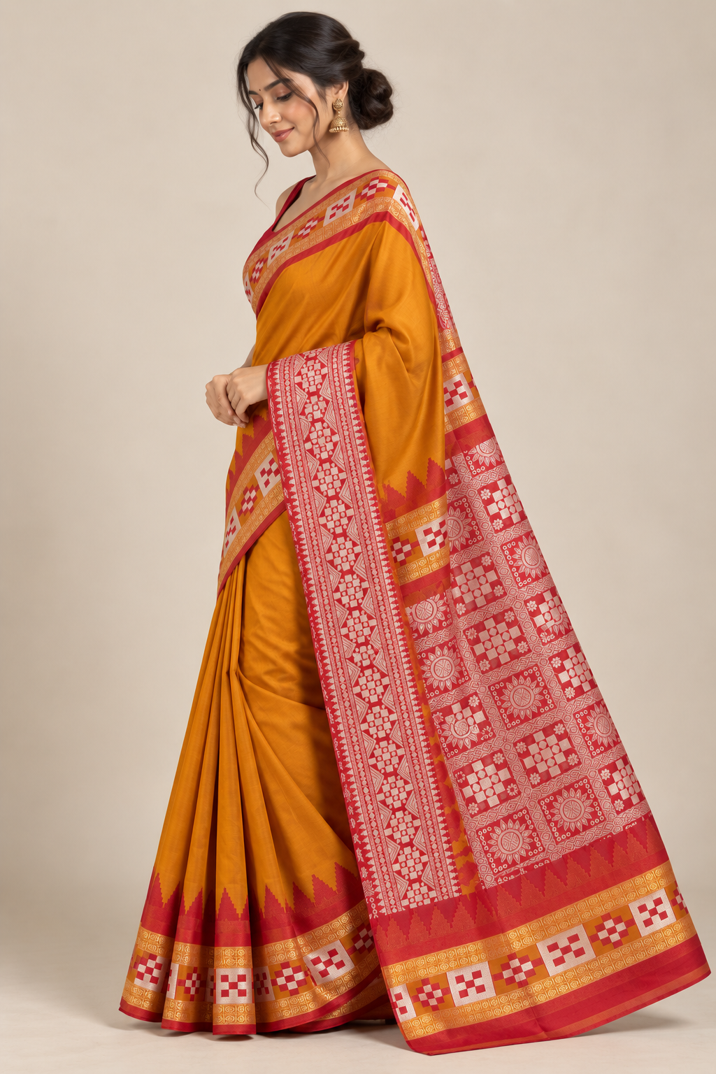 Marigold Geometry — Mustard Synthetic Saree with Red & Gold Border - Image 4