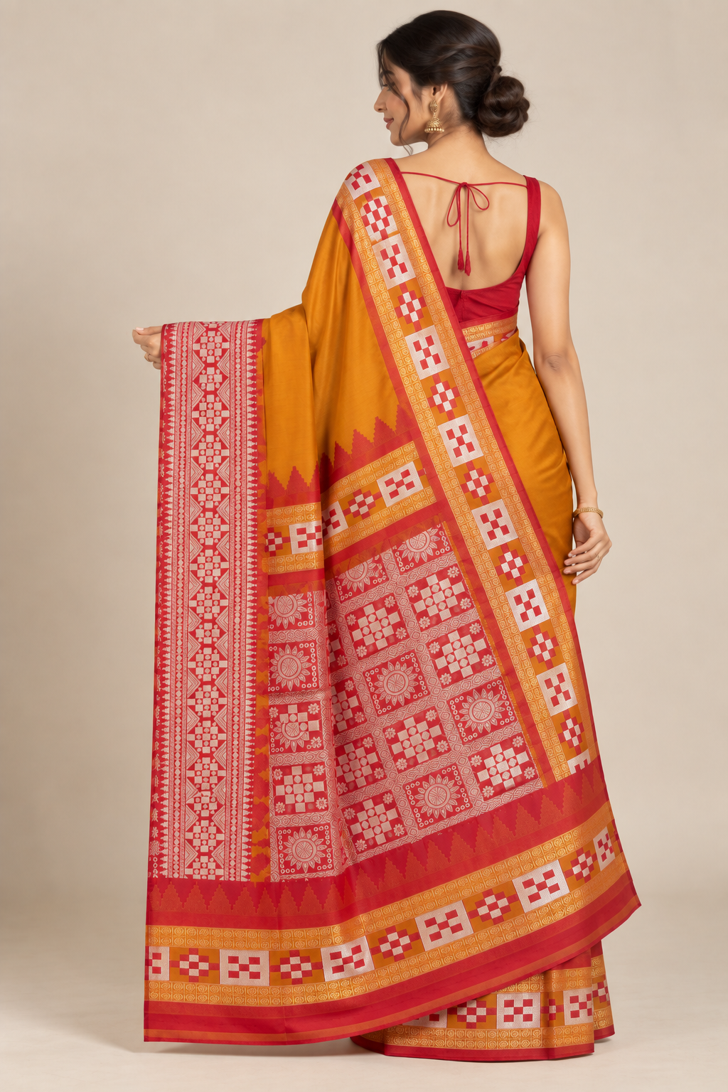 Marigold Geometry — Mustard Synthetic Saree with Red & Gold Border - Image 3