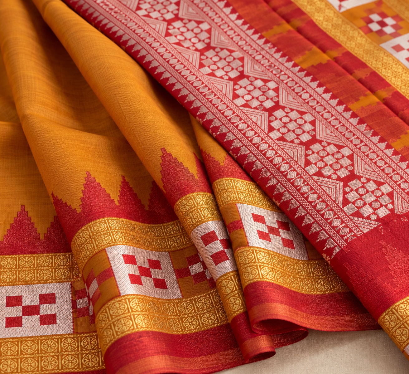 Marigold Geometry — Mustard Synthetic Saree with Red & Gold Border - Image 2