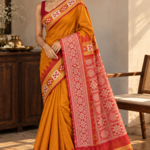 Marigold Geometry โ Mustard Synthetic Saree with Red & Gold Border
