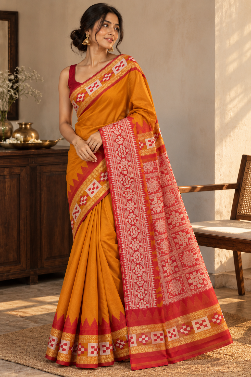 Marigold Geometry — Mustard Synthetic Saree with Red & Gold Border