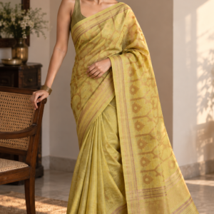 Olive & Gold โ Olive Green Mul Cotton Saree with Woven Border