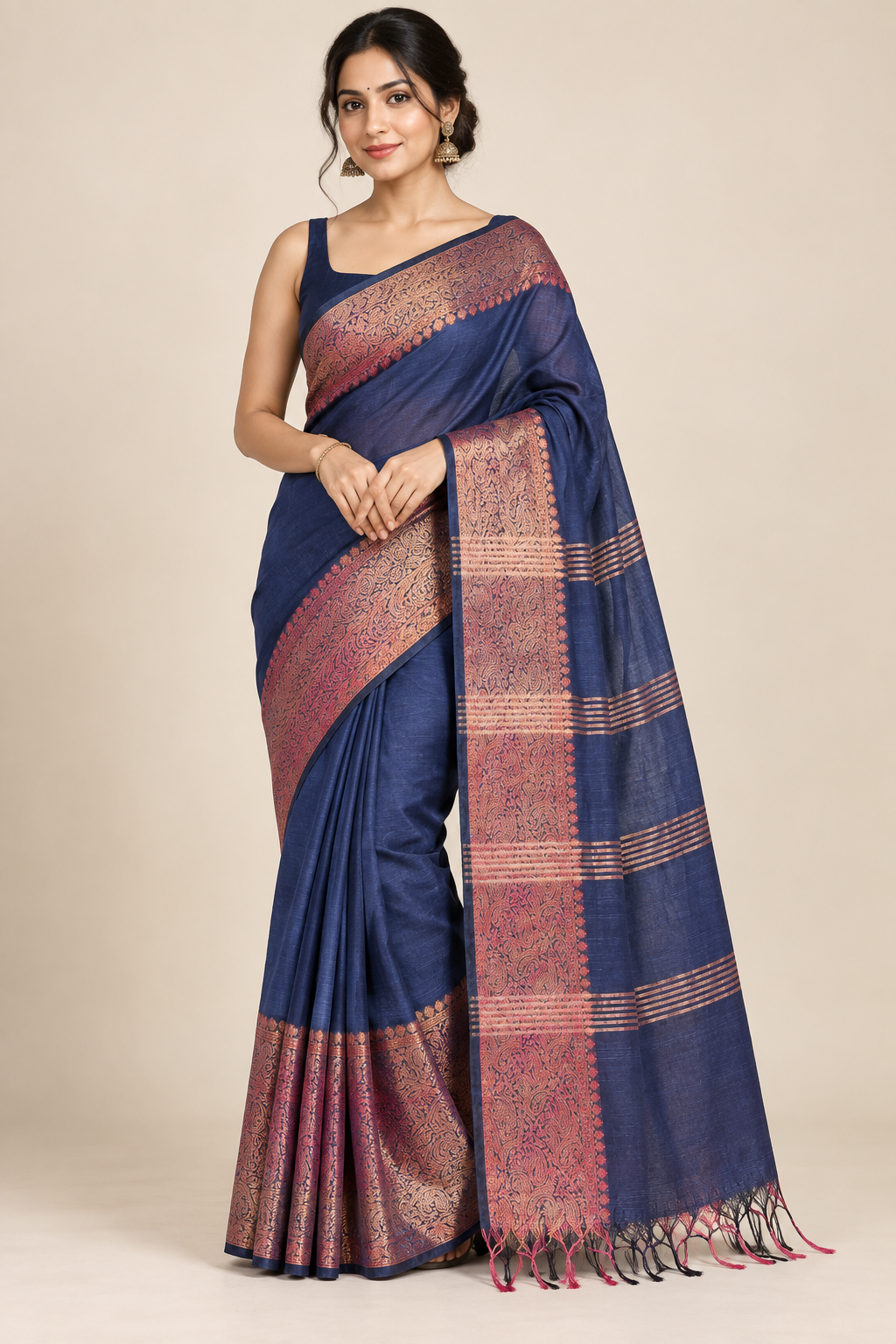 Midnight Paisley — Navy Blue Mul Cotton Saree with Pink-Gold Border - Image 5