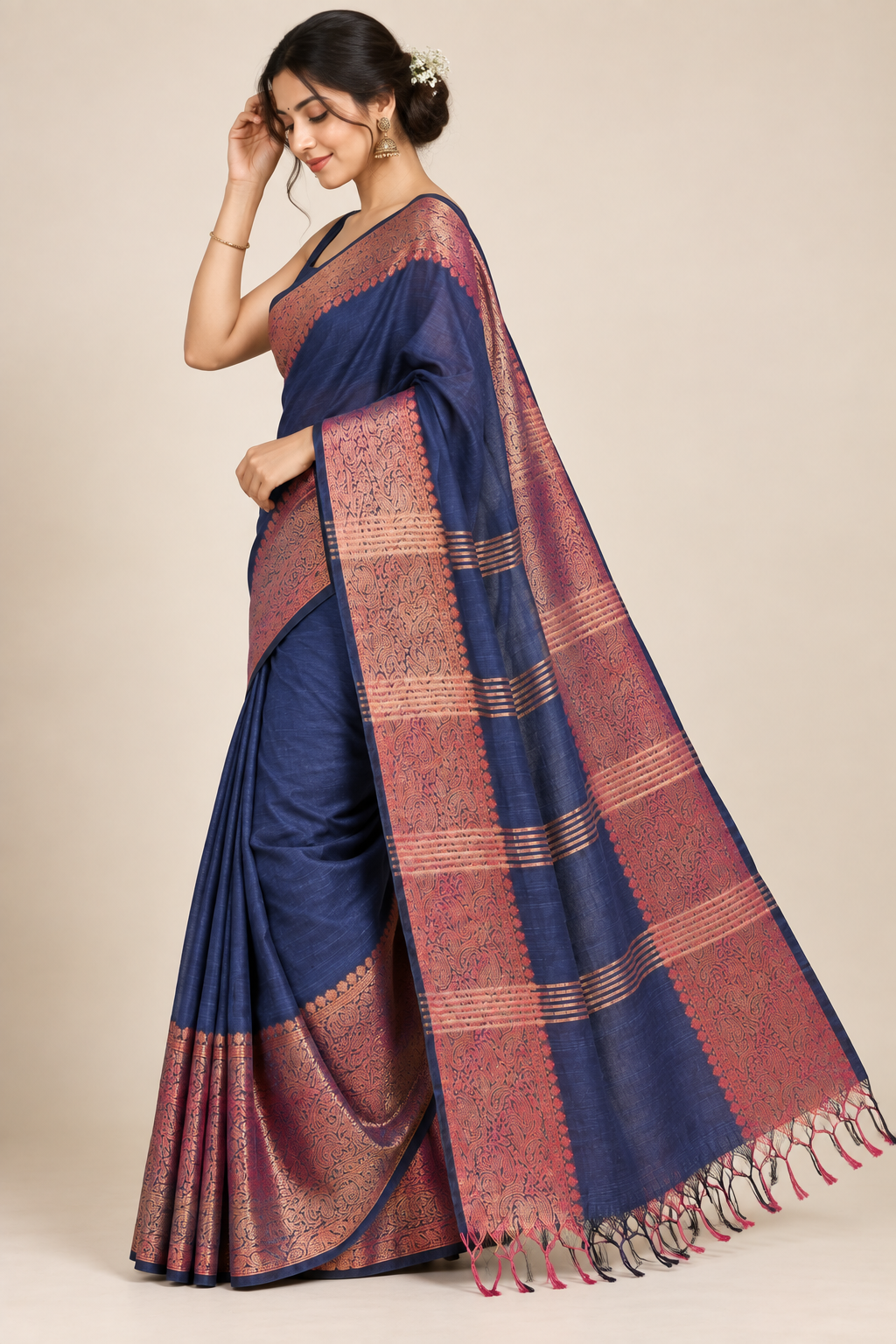 Midnight Paisley — Navy Blue Mul Cotton Saree with Pink-Gold Border - Image 4