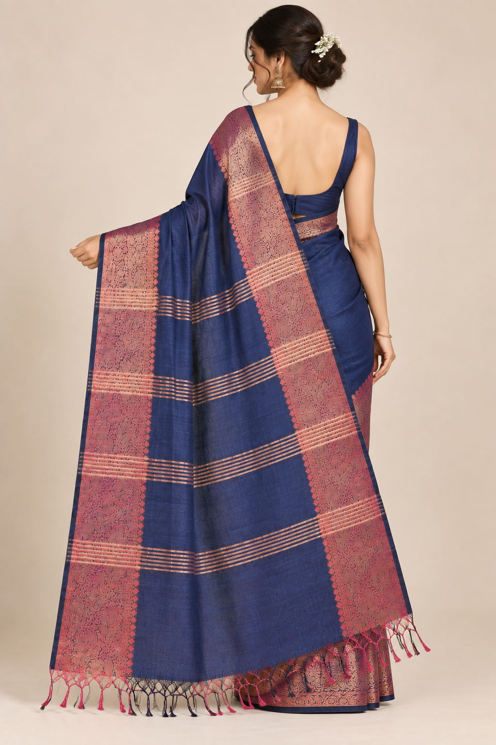 Midnight Paisley — Navy Blue Mul Cotton Saree with Pink-Gold Border - Image 3