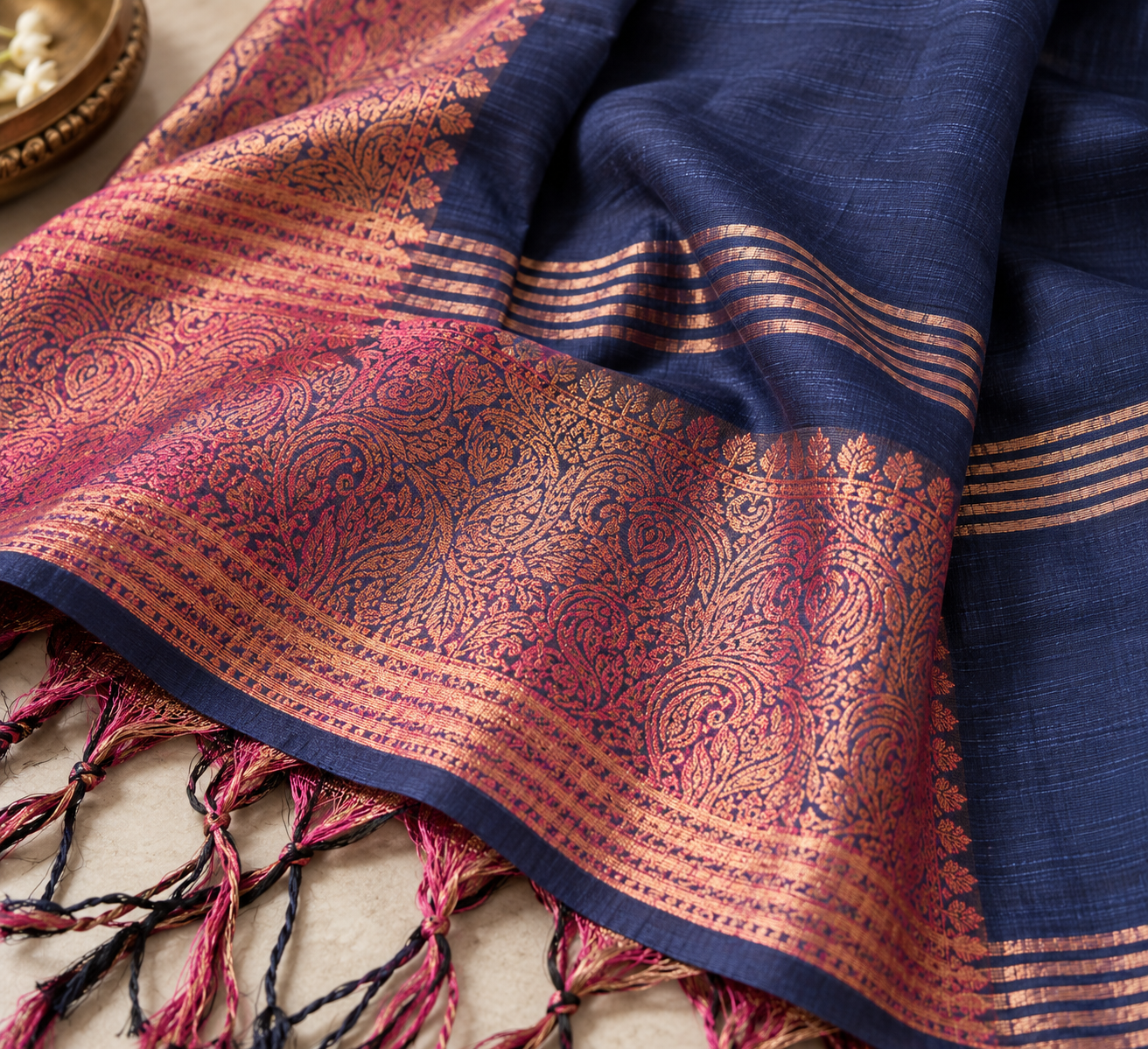 Midnight Paisley — Navy Blue Mul Cotton Saree with Pink-Gold Border - Image 2