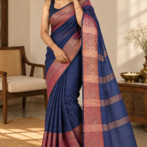 Midnight Paisley โ Navy Blue Mul Cotton Saree with Pink-Gold Border