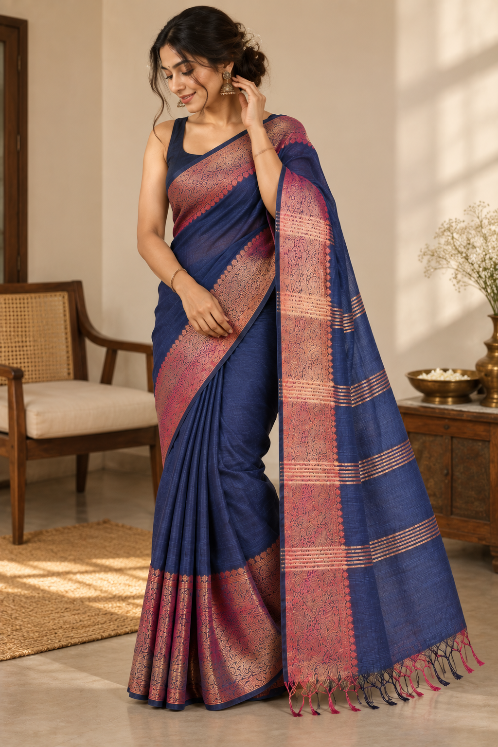 Midnight Paisley — Navy Blue Mul Cotton Saree with Pink-Gold Border