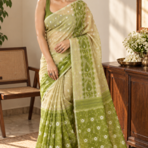 Moss & Meadow — Green & Cream Mul Cotton Saree with Floral Butis