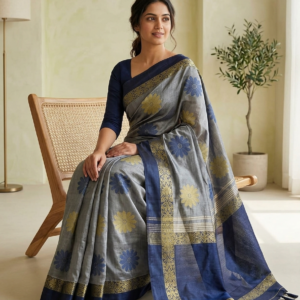 Slate Bloom — Grey Linen Blend Saree with Navy Blue Floral Butis & Border