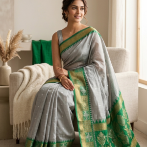 Dew on Moss — Grey Mul Cotton Saree with Green Temple Border